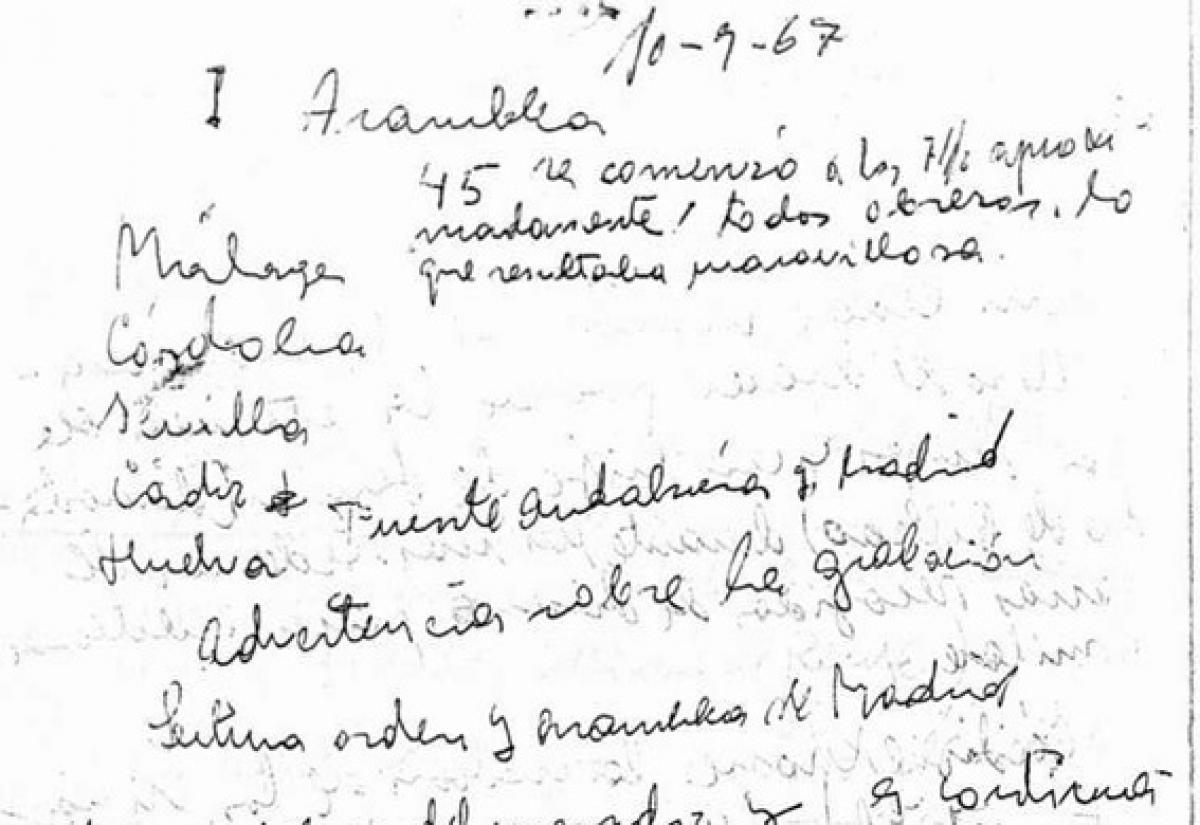 Detalle del acta de la primera asamblea de Comisiones Obreras de Andaluca (1967)