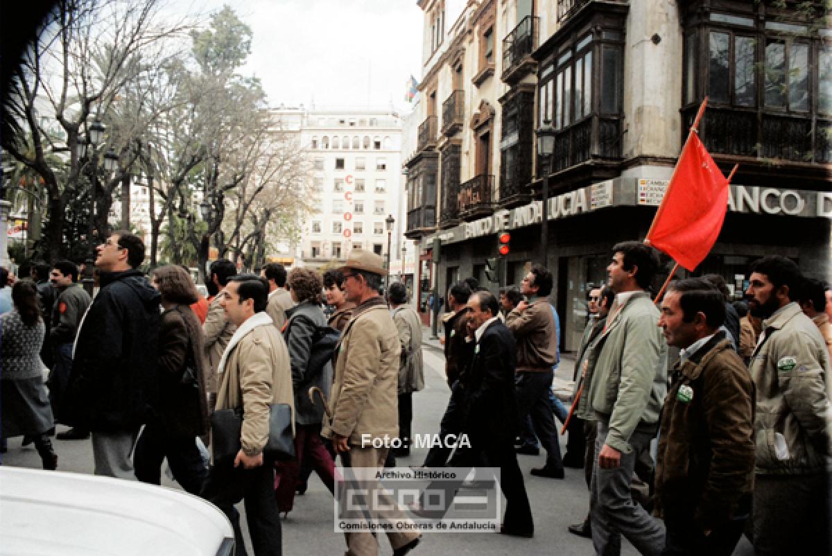 Manifestacin a su paso por la Plaza del Dque (Sevilla), durante la huelga generla del 14D. Diciembre de 1988. Foto: AHCCOOA - Maca Escobar