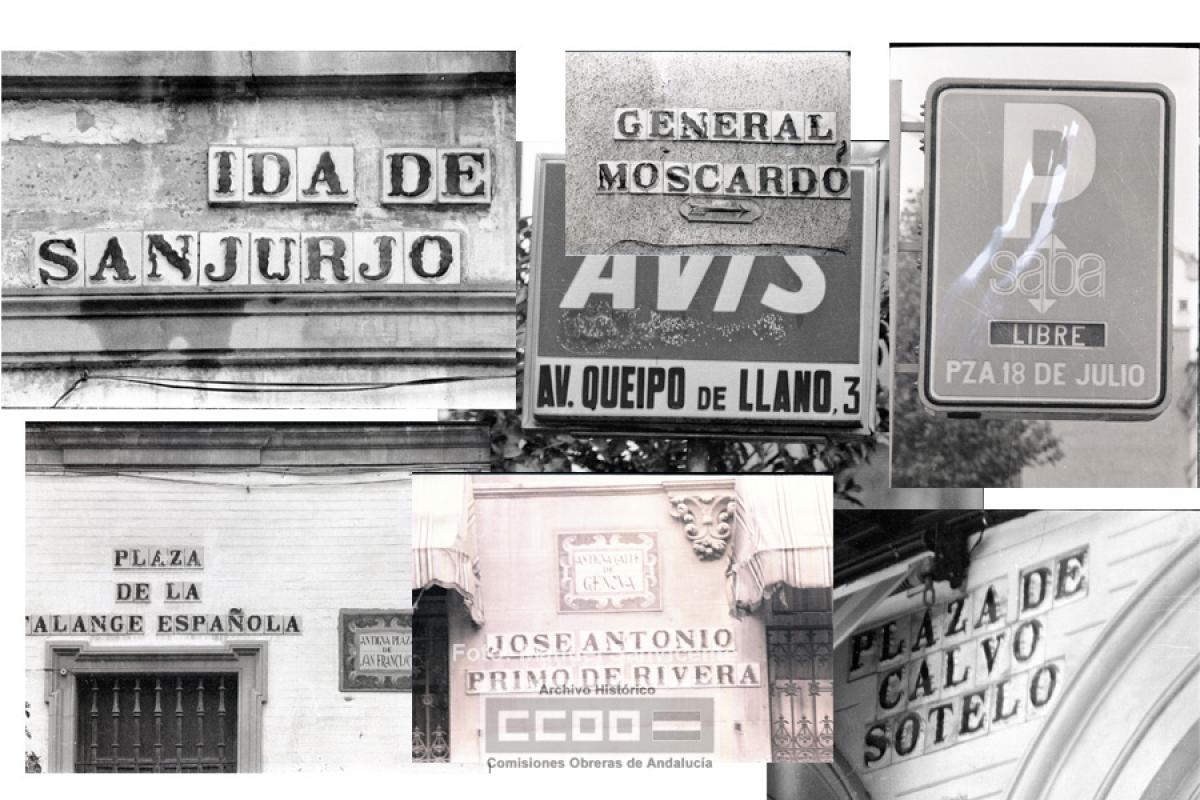 Montaje de fotografas de calles y plazas de Sevilla con nombres franquistas. Sevilla, ca. 1977. Fotografas de Manuel Sanvicente (Archivo Histrico de CCOO de Andaluca).