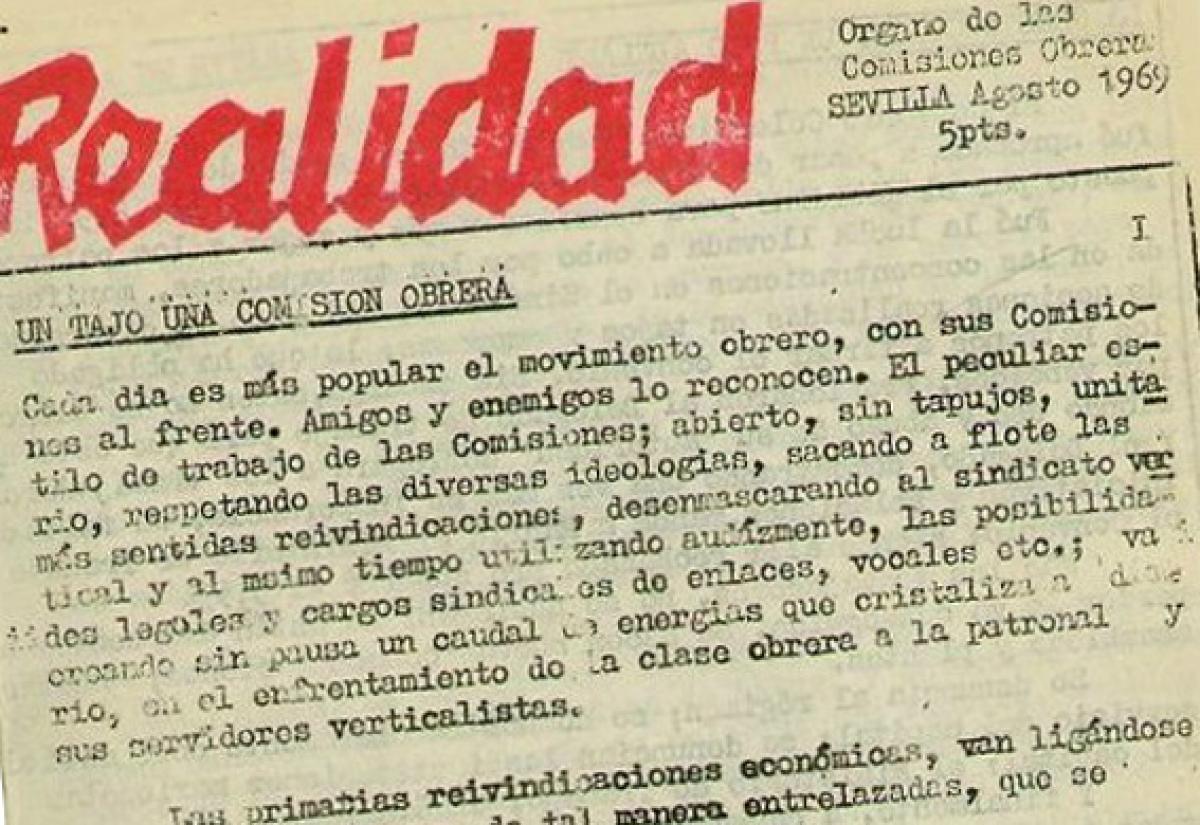 Detalle del nmero 1 del peridico Realidad, editado por las Comisiones Obreras de Sevilla en agosto de 1969 (Archivo HIstrico de CCOO de Andaluca).