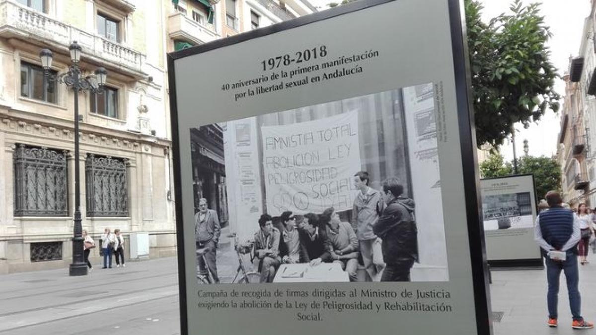 Panel expositivo en la Avenida de la Constitucin que recoge la foto aportada por el AHCCOOA. Foto de M. G. (fuente: Diario de Sevilla)