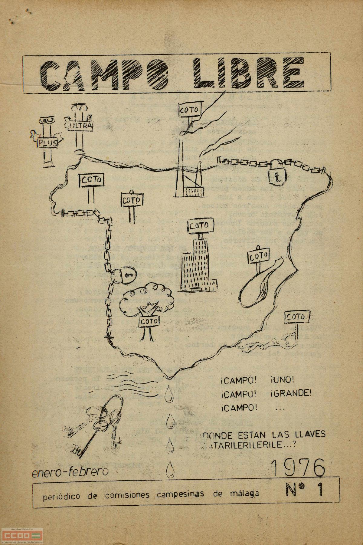 Nmero 1 del pridico ilegal "Campo LIbre" de las Comisiones Obreras de Mlaga (1978). Archivo histrico de CCOO de Andaluca.
