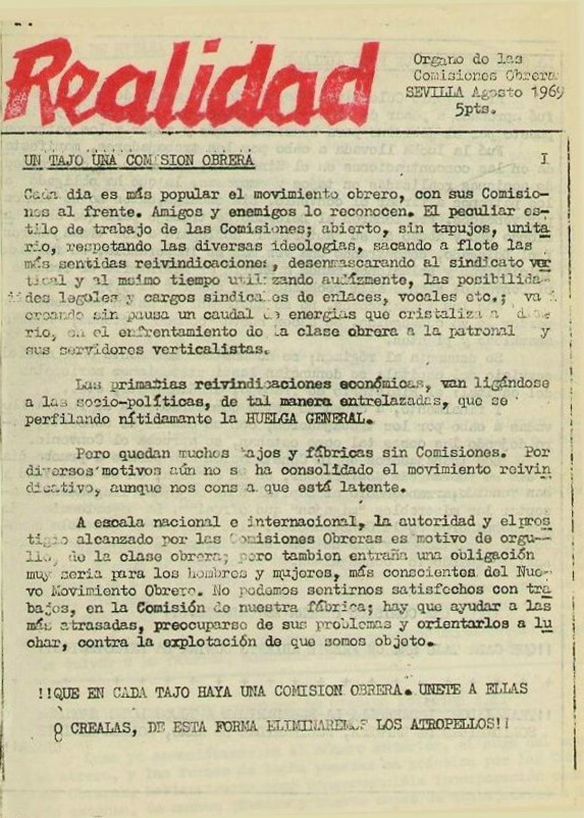 Portada del nmero 1 del peridico clandestino "Realidad: rgano de las Comisiones Obreras de Sevilla", edtido en julio de 1969. Archivo Histrico de CCOO de Andaluca.