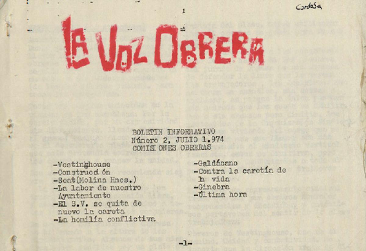 Portada del nmero 2 de la Voz Obrera, rgano de las Comisiones Obreras de Crdoba (Crdoba, 1974). Archivo Histrico de CCOO de Andaluca.