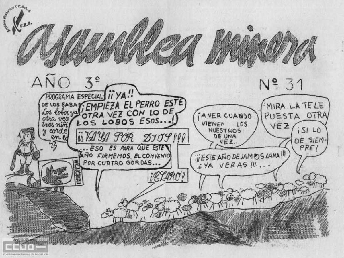 Portada del nmero 3 de "Asamblea MInera", editado por la Unin Sindical de CCOO de Ro Tinto (Huelva) en 1974. Archivo Histrico de CCOO de Andaluca.